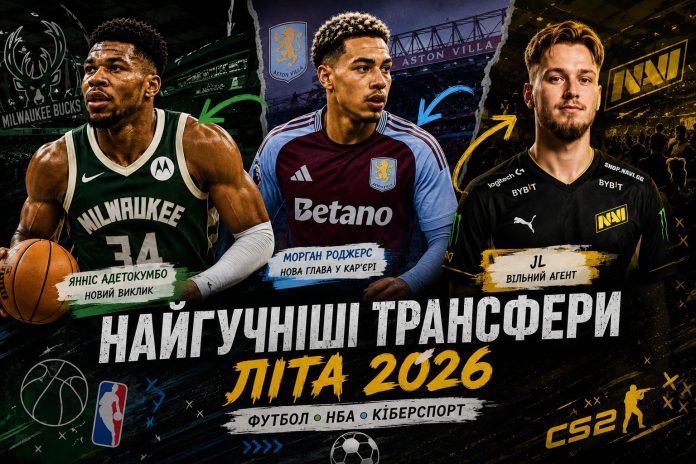 Колаж із Яннісом Адетокумбо, Морганом Роджерсом у формі «Астон Вілли» та кіберспортсменом jL, присвячений найгучнішим трансферам літа 2026.